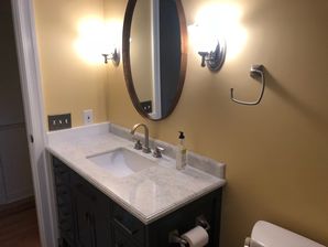 Bathroom Remodeling in Williamsburg, VA. Full Bathroom remodeled; new drywall finished and painted, new wiring, lighting, vanity and vanity top, tiling and sink plumbing. (3)